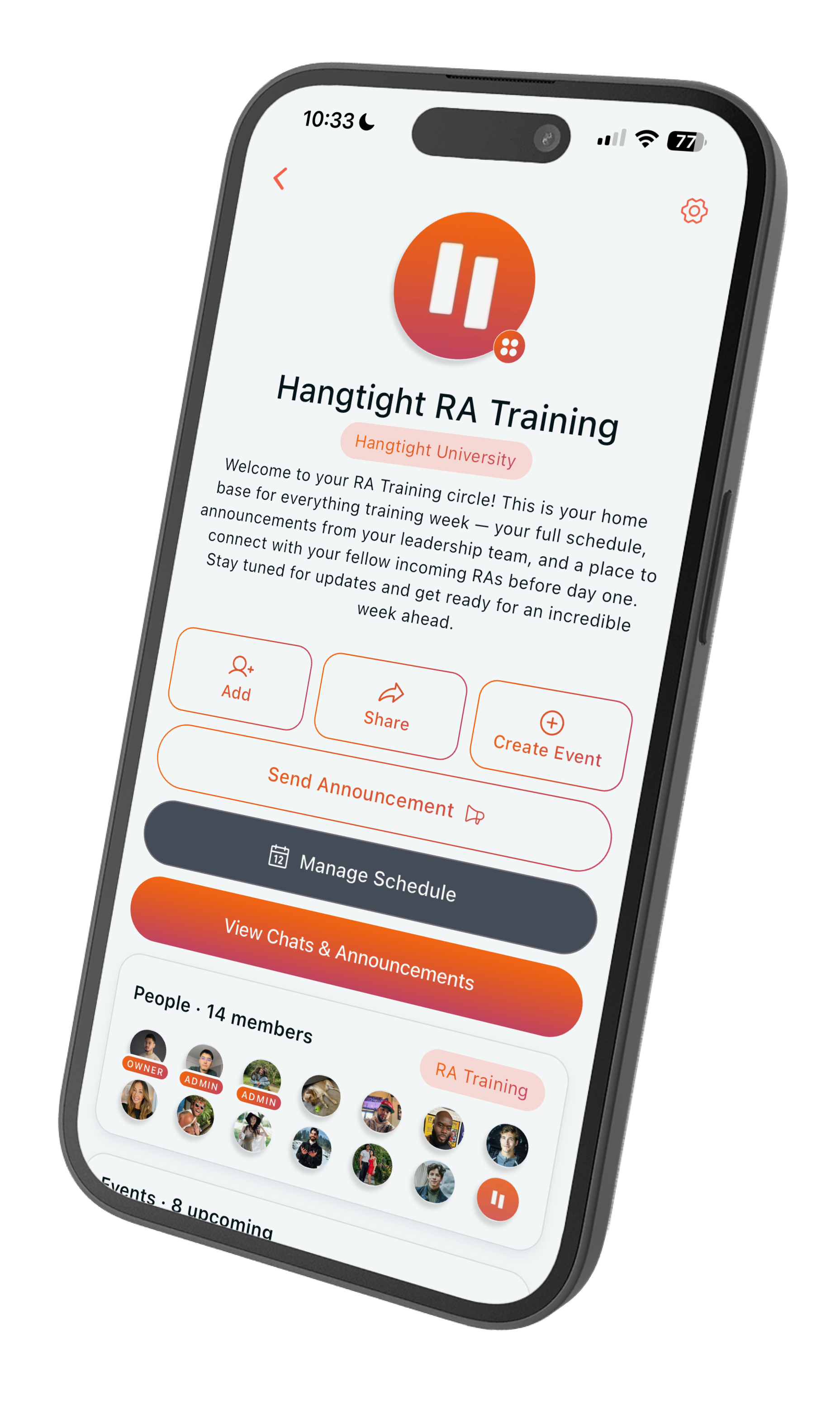 Hangtight RA training app showing the staff training experience
