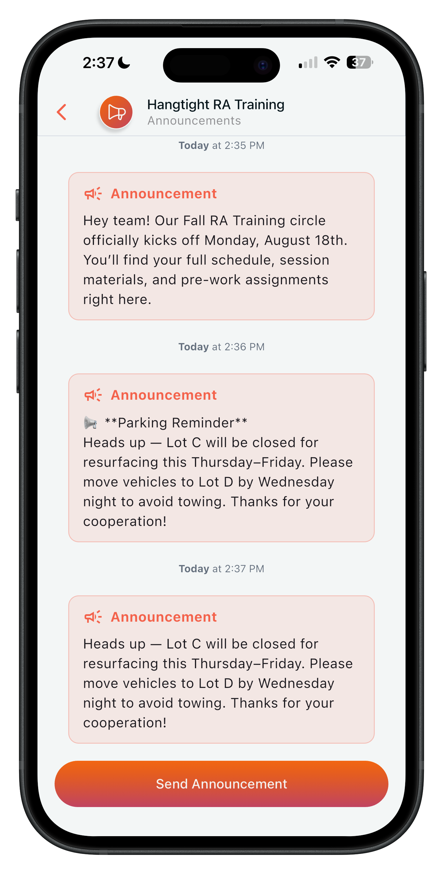 Hangtight announcements screen for RA training