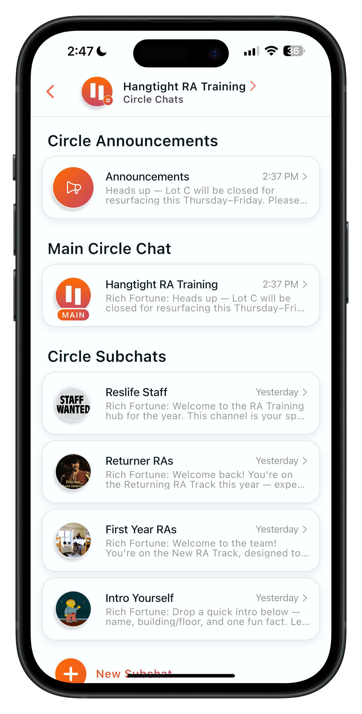 Hangtight chats screen for RA training