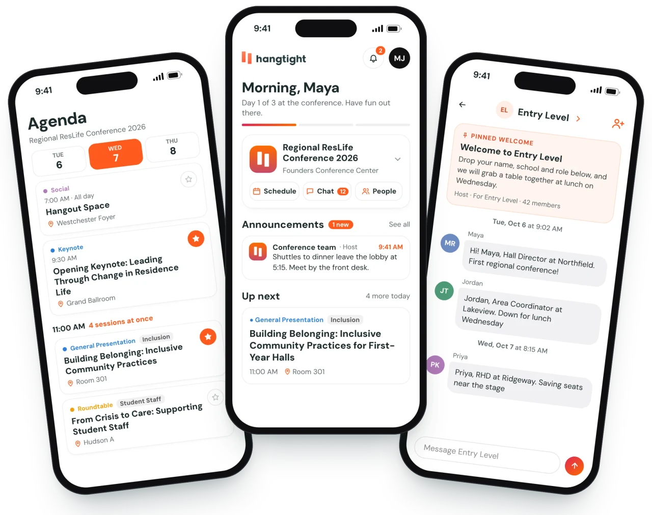 Conference agenda, delegate home screen, and role-based chat