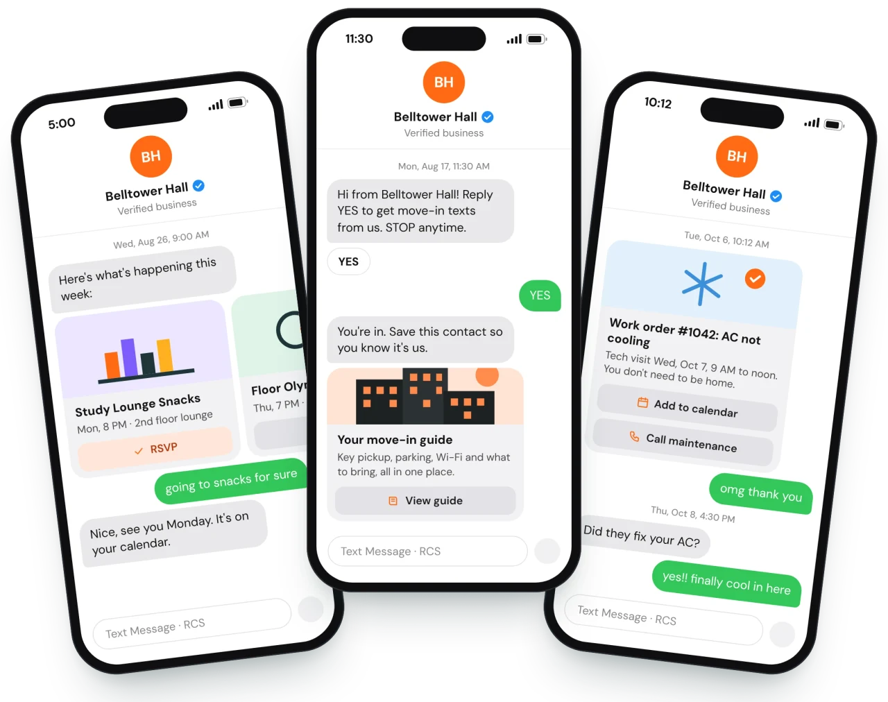 Echo product preview showing move-in guidance, events, and a maintenance update by text