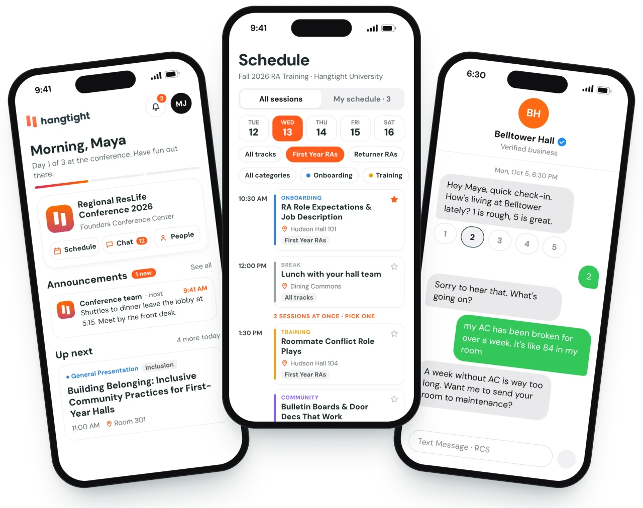 Hangtight conference home screen, RA Training schedule, and Echo resident check-in preview