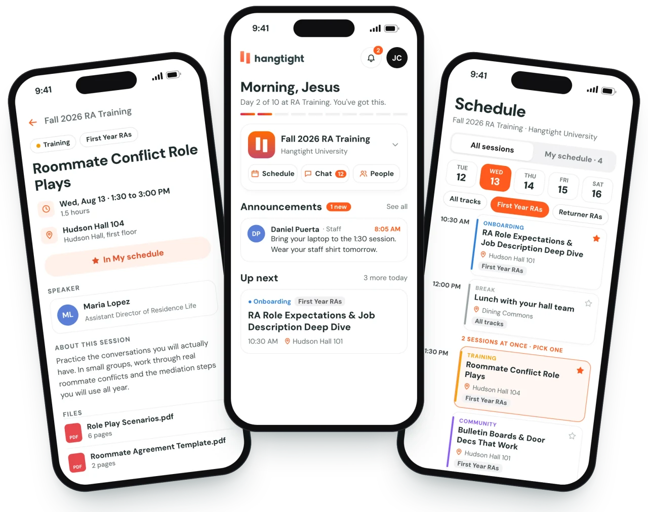 RA Training session details, staff home screen, and personal schedule