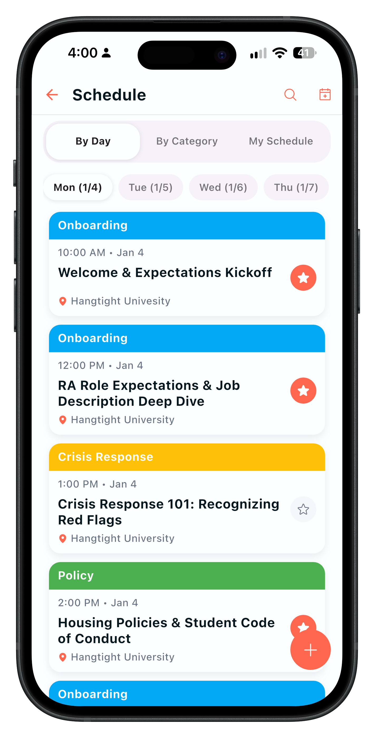 Hangtight RA training agenda organized by day and category