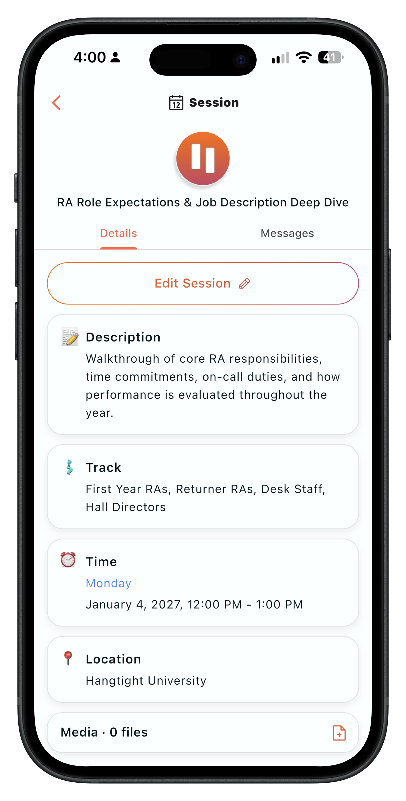 Hangtight RA training session details with track, time, location, and materials