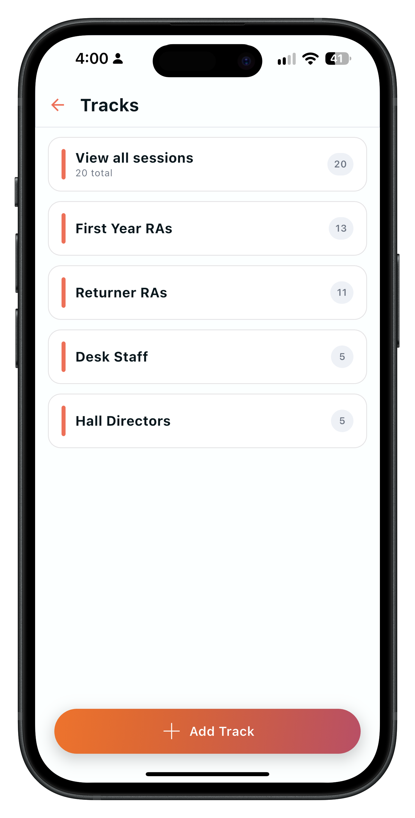 Hangtight RA training tracks organized by staff role